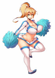 Rule 34 | 1girl, bad id, bad tumblr id, blonde hair, bouncing breasts, breasts, cheerleader, cleavage, crop top, green eyes, huge breasts, long sleeves, looking at viewer, midriff, miniskirt, pom pom (cheerleading), ponytail, revision, skirt, smile, solo, sweat, thick thighs, thighhighs, thighs, white background, zako (arvinry)