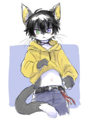 1boy :&lt; animal_ears belt black_hair blue_eyes cat_ears cat_tail choker clothes_lift cropped_legs denim furrification furry furry_male green_eyes grey_fur hair_between_eyes heterochromia hood hoodie hypnosis_mic jeans light_blush looking_at_viewer male_focus messy_hair mole mole_under_eye mole_under_mouth multiple_moles navel pants shirt_lift short_hair slit_pupils suke8364 tail whiskers white_background white_fur yamada_saburo yellow_hoodie