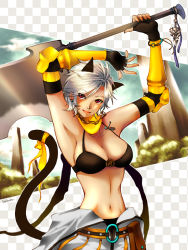 Rule 34 | 1girl, animal ears, arms up, bikini, bikini top only, black bikini, bracelet, breasts, cleavage, earrings, female focus, fingerless gloves, gloves, gobaku no hito, jewelry, large breasts, mechanic (ragnarok online), nature, navel, necklace, o-ring, o-ring top, plant, ragnarok online, red eyes, short hair, silver hair, sky, solo, swimsuit, sword, tail, vambraces, weapon
