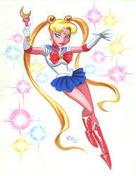 Rule 34 | 1990s (style), 1girl, bare legs, bishoujo senshi sailor moon, blonde hair, blue eyes, boots, bow, bruce timm, double bun, earrings, elbow gloves, gloves, hair ornament, jewelry, knee boots, lips, long hair, magical girl, miniskirt, non-web source, retro artstyle, sailor collar, sailor moon, skirt, solo, sparkle, tiara, tsukino usagi, twintails, very long hair, wand, white gloves