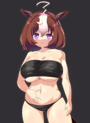 Rule 34 | 1girl, :3, ahoge, animal ears, bandeau, black bandeau, black panties, blush, breasts, brown hair, closed mouth, commentary request, cowboy shot, gachimuchi, grey background, hair between eyes, hairband, hand on own stomach, highres, horse ears, horse girl, horse tail, large breasts, lets0020, looking at viewer, medium bangs, medium hair, meisho doto (umamusume), multicolored hair, navel, panties, pink hairband, purple eyes, simple background, smile, solo, tail, two-tone hair, umamusume, underwear, v-shaped eyebrows, white hair