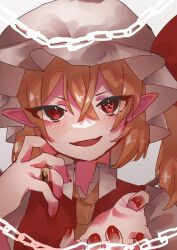 Rule 34 | 1girl, absurdres, ascot, blonde hair, flandre scarlet, hat, highres, medium hair, mob cap, open mouth, pointy ears, red eyes, rokka (rokka937), simple background, smirk, solo, symbol-shaped pupils, touhou, upper body, white background, yellow ascot