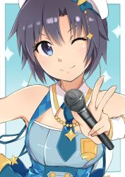 Rule 34 | &gt;;), 10s, 1girl, ;), antenna hair, armpits, bare shoulders, beret, black hair, blue background, blue necktie, cleavage cutout, closed mouth, clothing cutout, fingernails, hair between eyes, hat, head tilt, holding, holding microphone, idol, idolmaster, idolmaster (classic), idolmaster platinum stars, kikuchi makoto, looking at viewer, microphone, necktie, one eye closed, outside border, short hair, short necktie, smile, solo, sparkle, suzumo70, upper body, v, v-shaped eyebrows, w, white hat, wing collar