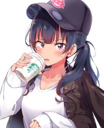 Rule 34 | 1girl, alternate hairstyle, bad id, bad twitter id, baseball cap, black hat, black jacket, blue hair, blush, coffee cup, collarbone, commentary request, cup, disposable cup, hair bun, hat, highres, holding, holding cup, jacket, jacket on shoulders, long hair, long sleeves, love live!, love live! sunshine!!, magic circle, open mouth, print headwear, purple eyes, shoero, side bun, single side bun, solo, starbucks, sweater, tears, tsushima yoshiko, twintails, upper body, white sweater