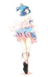 Rule 34 | 1girl, ankle ribbon, ass, back, bad id, bad pixiv id, black footwear, blue eyes, blue hair, blush, breasts, clothes lift, clothes pull, frilled skirt, frills, from behind, full body, hair ornament, hair rings, hair stick, highres, kaku seiga, leg ribbon, looking at viewer, looking back, medium breasts, miniskirt, non (z-art), off shoulder, panties, pantyshot, ribbon, sash, shirt pull, shoes, short hair, sideboob, simple background, skirt, socks, solo, standing, tiptoes, touhou, underwear, white background, white panties