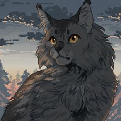 Rule 34 | animal, animal ear fluff, animal focus, cat, cloud, commentary, english commentary, geellyart, graystripe, grey cat, grey fur, no humans, pixel art, sky, sunset, tagme, warrior cats, yellow eyes