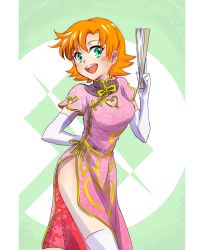 Rule 34 | 1girl, breasts, china dress, chinese clothes, cleavage cutout, clothing cutout, dress, elbow gloves, female focus, gloves, gradient background, green eyes, hand fan, heart, heart cutout, highres, iesupa, md5 mismatch, nora valkyrie, orange hair, rwby, short hair, smile, solo, thighhighs