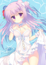 Rule 34 | 1girl, animal ears, bare shoulders, bear ears, blush, bow, breasts, closed mouth, commentary request, dress, flower, hair between eyes, hair bow, hair flower, hair ornament, long hair, lying, medium breasts, on back, one side up, original, pink hair, purple eyes, red flower, see-through, sidelocks, skirt hold, sleeveless, sleeveless dress, smile, solo, strap slip, striped, striped bow, sumii, very long hair, water, wet, wet clothes, wet dress, white bow, white dress, wrist cuffs