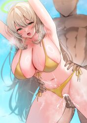 Rule 34 | 1boy, 1girl, armpits, ayomo ro, bare shoulders, bent over, bikini, blonde hair, blue archive, blue sky, blush, breasts, censored, cleavage, cum, cum in pussy, ejaculation, green eyes, halo, hetero, highres, large breasts, long hair, navel, nonomi (blue archive), nonomi (swimsuit) (blue archive), open mouth, penis, pussy, sex, sex from behind, sky, sweat, swimsuit, testicles, thighs, vaginal, yellow bikini