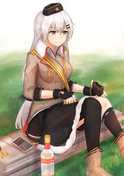 Rule 34 | 1girl, absurdres, alcohol, black gloves, black skirt, black thighhighs, boots, breasts, brown footwear, brown jacket, cellphone, closed mouth, girls&#039; frontline, gloves, grey eyes, grey hair, hat, highres, huge filesize, jacket, long hair, looking away, medium breasts, military hat, muteppona hito, partially fingerless gloves, phone, red star, shirt, sitting, skirt, smartphone, solo, soviet, star (symbol), stolichnaya (vodka), svd (girls&#039; frontline), tape, thighhighs, uniform, vodka, weapon case, white shirt