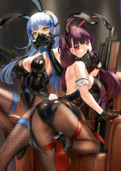 Rule 34 | 2girls, alternate costume, animal ears, ass, assault rifle, black footwear, black legwear, blue hair, blue neckwear, blunt bangs, bow, bowtie, breasts, cleavage, coattails, commentary request, elbow gloves, fake animal ears, fake tail, fishnet legwear, fishnets, gas mask, girls&#039; frontline, gloves, green eyes, gun, h&amp;k hk416, hair ornament, hair ribbon, heckler &amp; koch, high heels, himonoata, hk416 (girls&#039; frontline), holding, holding gun, holding weapon, large breasts, leotard, long hair, looking at viewer, mask, mouth mask, multiple girls, on one knee, one side up, pantyhose, playboy bunny, purple hair, rabbit ears, rabbit tail, red eyes, ribbon, rifle, shiny clothes, sitting, standing, tail, thigh strap, thighs, very long hair, wa2000 (girls&#039; frontline), weapon