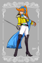 Rule 34 | 1girl, alternate costume, blue eyes, blue ribbon, boots, coat, earrings, full body, ace attorney, phoenix wright: ace attorney - dual destinies, hair ribbon, high heel boots, high heels, holding, holding sword, holding weapon, jewelry, athena cykes, konpane (ohj), long hair, looking at viewer, orange hair, pants, ponytail, ribbon, solo, sword, thigh boots, thighhighs, weapon, white pants, yellow coat
