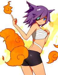 Rule 34 | 1girl, absurdres, bare shoulders, bike shorts, blue eyes, blush, borrowed character, cowboy shot, eyepatch, fiery tail, fire, highres, looking at viewer, original, purple eyes, ruiten, sarashi, short hair, smile, solo, tail