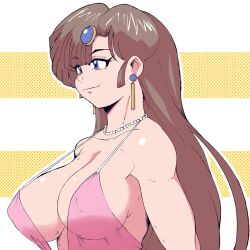 Rule 34 | 1girl, bead necklace, beads, blue eyes, breasts, brown hair, commentary, covered erect nipples, dress, earrings, english commentary, jewelry, kuonji ukyou, large breasts, long hair, necklace, outline, pink dress, plunging neckline, ranma 1/2, smile, solo, upper body, yashiro a. marino