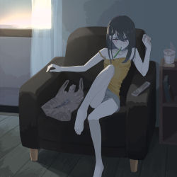 Rule 34 | 1girl, absurdres, bag, bare shoulders, barefoot, black hair, camisole, controller, couch, curtains, highres, indoors, long hair, looking at viewer, nissin cup noodle, oissu tiwassu, original, plastic bag, purple eyes, remote control, shorts, sitting, solo, strap slip, toothbrush in mouth
