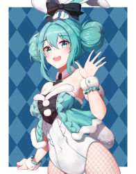Rule 34 | 1girl, :d, absurdres, animal ears, aqua eyes, aqua hair, argyle, argyle background, argyle clothes, bad id, bad pixiv id, bare shoulders, bicute bunnies miku, blush, border, bow, breasts, cleavage, commentary, covered navel, detached collar, double bun, ear bow, ear ribbon, fake animal ears, fake tail, fishnet pantyhose, fishnets, gya (144), hair between eyes, hair bun, hand up, hatsune miku, heart, highres, leotard, long hair, looking at viewer, medium breasts, open mouth, outside border, pantyhose, playboy bunny, rabbit ears, rabbit tail, sidelocks, smile, solo, strapless, strapless leotard, tail, vocaloid, white border, white pantyhose, wrist cuffs