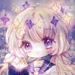 Rule 34 | 1girl, :o, bcy username, blonde hair, blue sky, book, brooch, canis major (constellation), chibi, choker, cloud, collared shirt, constellation, crescent, crescent choker, crescent hair ornament, eyelashes, hair ornament, halo, jewelry, light blush, long hair, looking at viewer, low twintails, open book, original, parted lips, pentagram, purple choker, purple eyes, purple sailor collar, sailor collar, sample watermark, shirt, shuijiao de gezi, sky, solo, star (symbol), star brooch, star halo, third-party source, twintails, upper body, watermark, white shirt