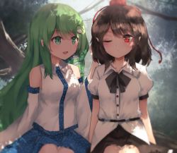 Rule 34 | 2girls, :d, bare shoulders, black bow, black bowtie, black skirt, bow, bowtie, buttons, collared shirt, commentary request, detached sleeves, frog hair ornament, green eyes, green hair, hair ornament, hand in another&#039;s hair, hat, highres, kochiya sanae, long hair, multiple girls, one eye closed, open mouth, pointy ears, puffy short sleeves, puffy sleeves, red eyes, red hat, shameimaru aya, shirt, short hair, short sleeves, sitting, skirt, smile, snake hair ornament, tassel, thkani, tokin hat, touhou, very long hair, white shirt, wide sleeves