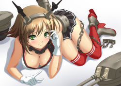 Rule 34 | 10s, 1girl, bare shoulders, blush, breasts, brown hair, chain, chaki-yam, cleavage, collar, crop top, downblouse, gloves, green eyes, kantai collection, kneehighs, large breasts, lying, miniskirt, mutsu (kancolle), personification, red thighhighs, short hair, skirt, smile, socks, solo, thighhighs