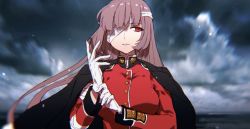 Rule 34 | 1girl, adjusting clothes, adjusting gloves, bandage over one eye, blurry, blurry background, cloud, cloudy sky, expressionless, fate/grand order, fate (series), florence nightingale (fate), florence nightingale (third ascension) (fate), gloves, highres, jacket, jacket on shoulders, nekoyashiki pushio, pink hair, red eyes, sky