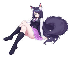 Rule 34 | 1girl, animal ear fluff, animal ears, black choker, black vest, boots, breasts, choker, closed mouth, commentary, commission, copyright request, dot nose, english commentary, fox ears, fox tail, glasses, highres, invisible chair, large breasts, large tail, crossed legs, long hair, long sleeves, looking at viewer, miniskirt, necktie, pink skirt, pleated skirt, purple eyes, purple hair, round eyewear, shirt, simple background, sitting, siun, skirt, solo, tail, very long hair, vest, white background, white shirt