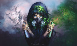 Rule 34 | 1girl, bird, black hair, blue eyes, commentary, english commentary, flower, gas mask, highres, holding, hood, hood up, hoodie, long hair, looking at viewer, mask, original, solo, spray can, swept bangs, third-party source, upper body, watermark, web address, yuumei