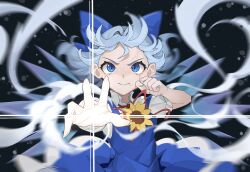 Rule 34 | &gt;:), 1girl, absurdres, black background, blue bow, blue dress, blue eyes, blue hair, bow, chinese commentary, cirno, closed mouth, cowboy shot, detached wings, devilkillerx, dress, fairy, flower, hair bow, highres, ice, ice wings, injury, looking at viewer, open hand, puffy short sleeves, puffy sleeves, short hair, short sleeves, smile, solo, sunflower, touhou, touhou lost branch of legend, translated, v-shaped eyebrows, veins, wings