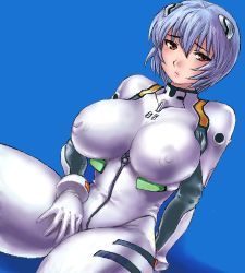 Rule 34 | 1girl, alternate breast size, ayanami rei, blue background, blue hair, bodysuit, breasts, covered erect nipples, curvy, gloves, hair ornament, huge breasts, interface headset, lowres, matoyama, neon genesis evangelion, oekaki, plugsuit, red eyes, simple background, sitting, skin tight, solo, thick thighs, thighs