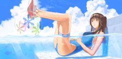 Rule 34 | 1girl, absurdres, afloat, ball, beachball, black hair, blue sky, blue one-piece swimsuit, brown eyes, closed mouth, cloud, day, from side, highres, legs up, one-piece swimsuit, original, outdoors, partially submerged, partially underwater shot, pink footwear, reclining, shiratama (monster1553), shoes, short ponytail, sky, solo, swimsuit, thigh strap, wet
