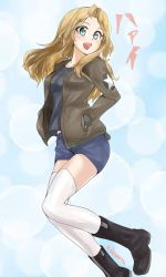 Rule 34 | 1girl, :d, abimaru gup, black footwear, black shirt, blonde hair, blue background, blue eyes, blue shorts, blurry, bokeh, boots, brown jacket, commentary, denim, denim shorts, depth of field, emblem, floating, girls und panzer, hair intakes, hands in pockets, highres, jacket, kay (girls und panzer), long hair, long sleeves, looking at viewer, military, military uniform, one-hour drawing challenge, open clothes, open jacket, open mouth, saunders military uniform, shirt, short shorts, shorts, smile, solo, star (symbol), thighhighs, translated, twitter username, uniform, white thighhighs