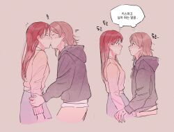 Rule 34 | 2girls, black hoodie, blush, closed eyes, commentary request, eye contact, grey background, grey hair, hand on another&#039;s arm, highres, hood, hoodie, kiss, korean commentary, korean text, long hair, looking at another, love live!, love live! sunshine!!, medium hair, multiple girls, mumuir0315, pink shirt, purple skirt, red hair, sakurauchi riko, shirt, simple background, skirt, sweatdrop, thought bubble, translation request, watanabe you, yuri