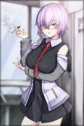 Rule 34 | 1girl, arm under breasts, bare shoulders, black dress, breasts, cigarette, dress, fate/grand order, fate (series), glasses, hair over one eye, highres, holding, holding cigarette, jacket, large breasts, long sleeves, looking at viewer, mash kyrielight, necktie, open mouth, purple eyes, purple hair, red necktie, short hair, smoke, smoking, standing, thighs, white jacket