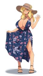 Rule 34 | 1girl, absurdres, blonde hair, blush, breasts, cleavage, commission, dress, floral print, full body, green eyes, hat, highres, navel, one eye closed, oppaihobby, original, parted lips, smile, summer, sun hat, transparent background