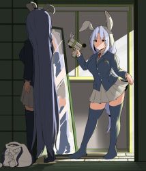 Rule 34 | 2girls, absurdly long hair, akure ekuto, alternate costume, animal ears, breasts, contrapposto, cosplay, crescent, crescent pin, facing away, full body, gun, holding, holding gun, holding weapon, indoors, large breasts, light, long hair, looking at another, lunatic gun, mirror, multiple girls, necktie, pleated skirt, rabbit ears, reflection, reisen udongein inaba, reisen udongein inaba (cosplay), sidelighting, skirt, standing, thighhighs, touhou, very long hair, weapon, yagokoro eirin