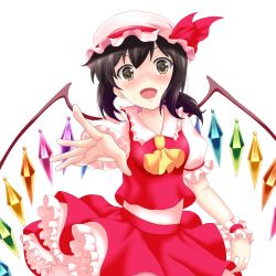 Rule 34 | 1girl, ascot, bat wings, black eyes, black hair, commentary request, cosplay, crystal, dress, flandre scarlet, flandre scarlet (cosplay), frilled dress, frills, fubuki (kancolle), hat, highres, kantai collection, long hair, looking at viewer, low ponytail, mob cap, nendoroya, pink hat, ponytail, puffy short sleeves, puffy sleeves, red dress, short ponytail, short sleeves, sidelocks, simple background, smile, solo, touhou, white background, wings, wrist cuffs, yellow ascot