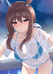Rule 34 | 1girl, absurdres, admire vega (umamusume), animal ears, backlighting, bikini, bikini under clothes, blue bikini, blush, breasts, brown hair, collarbone, commentary request, foreshortening, half-closed eyes, highres, horse ears, horse girl, horse tail, looking at viewer, medium breasts, night, ocean, ponytail, sky, solo, star (sky), starry sky, swimsuit, tail, thighs, umamusume, wet, zeatto