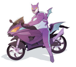 Rule 34 | 1boy, backpack, bag, commentary, creatures (company), crobat, english commentary, facing viewer, full body, game freak, gen 2 pokemon, gloves, helmet, long sleeves, male focus, motor vehicle, motorcycle, motorcycle helmet, nintendo, nyaph, pants, persona, pokemon, pokemon (creature), purple gloves, purple pants, simple background, standing, white background