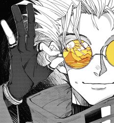 Rule 34 | 1boy, closed mouth, collared jacket, fingerless gloves, gannnmoo, glasses, gloves, greyscale, hand up, highres, jacket, long sleeves, looking at viewer, male focus, monochrome, portrait, round eyewear, short hair, smile, solo, spiked hair, spot color, tinted eyewear, trigun, vash the stampede, yellow-tinted eyewear