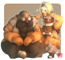 Rule 34 | 1boy, 1girl, beard, blonde hair, brown eyes, brown hair, capcom, crafting shop daughter (monster hunter), facial hair, father and daughter, gloves, goggles, long hair, midriff, monster hunter (series), open mouth, tagme