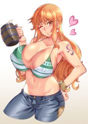 Rule 34 | 1girl, artist request, beer mug, breasts, cleavage, cup, heart, highres, huge breasts, long hair, mug, nami (one piece), one eye closed, one piece, orange hair, tagme, tattoo, tongue, tongue out