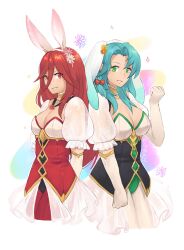 Rule 34 | 2girls, absurdres, animal ears, aqua hair, arms behind back, bow, breasts, chloe (fire emblem), chloe (spring) (fire emblem), choker, cleavage, commentary, cordelia (fire emblem), cordelia (spring) (fire emblem), english commentary, fake animal ears, fire emblem, fire emblem awakening, fire emblem engage, fire emblem heroes, gloves, grin, hair bow, hand up, highres, kaphrin, large breasts, long hair, looking at viewer, medium breasts, multiple girls, nintendo, official alternate costume, puffy short sleeves, puffy sleeves, red bow, red eyes, red hair, short sleeves, smile, standing, white background, white gloves, yellow choker
