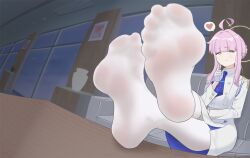 Rule 34 | 1girl, blue archive, couch, feet, feet on table, green eyes, highres, kaya (blue archive), light smile, long hair, looking at viewer, pantyhose, pink hair, soles, toes, treadml, white pantyhose