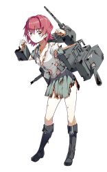 Rule 34 | 10s, 1girl, black footwear, boots, damaged, full body, hair intakes, kantai collection, kinu (kancolle), konishi (koconatu), machinery, official art, open mouth, orange eyes, pink hair, pleated skirt, red eyes, red hair, school uniform, serafuku, short hair, short sleeves, skirt, solo, torn clothes, torn skirt, transparent background, turret