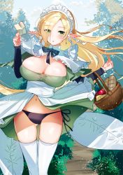 Rule 34 | 1girl, apron, basket, black panties, blonde hair, blush, boku to elf maid shimai no sanningurashi, breasts, cleavage, dress, elf, eyes visible through hair, floating hair, frilled apron, frills, green eyes, hair over one eye, holding, holding basket, holding paper, large breasts, long hair, maid, maid headdress, note, official art, panties, paper, parted lips, pointy ears, side-tie panties, solo, standing, thighhighs, thighs, tsurime, underbust, underwear, white dress, white thighhighs, yanyo (ogino atsuki)