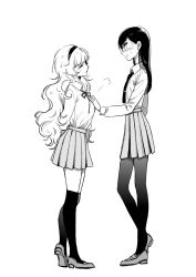 Rule 34 | 2girls, blush, grabbing another&#039;s breast, commentary request, closed eyes, grabbing, greyscale, height difference, kneehighs, loafers, long hair, monochrome, multiple girls, original, pantyhose, shiraume nazuna, shoes, siraume nazuna, skirt, smile, socks, sweat, yuri
