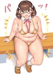Rule 34 | 1girl, arm support, bikini, blush, breasts, brown eyes, brown footwear, brown hair, character request, cleavage, commentary request, copyright request, covered erect nipples, detached collar, drill hair, fat, fat rolls, full body, fupa, gold bikini, hair between eyes, hair ornament, hairclip, highres, kurowa-san (orizen), large breasts, looking at viewer, medium hair, muffin top, navel, neck ribbon, open mouth, orizen, ribbon, shadow, shoes, simple background, sitting, skindentation, socks, solo, string bikini, swimsuit, tareme, thick arms, thick thighs, thighs, translation request, twin drills, white background, wing collar, yellow bikini