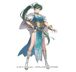 Rule 34 | 1girl, ahoge, aqua dress, belt, boots, breasts, cape, company name, cuboon, dress, earrings, female focus, fingerless gloves, fire emblem, fire emblem heroes, full body, gloves, green eyes, green hair, hand on own hip, jewelry, knee boots, long hair, looking at viewer, lyn (fire emblem), matching hair/eyes, medium breasts, nintendo, official art, pelvic curtain, ponytail, puffy short sleeves, puffy sleeves, short sleeves, simple background, smile, solo, standing, sword, very long hair, weapon, white background, white cape, white footwear, white gloves, wrist guards
