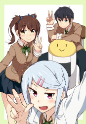 Rule 34 | 1boy, 2girls, :&gt;, absurdres, blush, brown eyes, brown hair, chair, desk, hair ornament, hairclip, has bad revision, has downscaled revision, highres, kuroneko shiro, looking at viewer, md5 mismatch, mole, multiple girls, open mouth, original, red eyes, resolution mismatch, short hair, silver hair, sitting, skirt, smile, source smaller, twintails, v