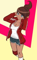 Rule 34 | 1girl, arms behind head, asahina aoi, bandaid, bandaid on knee, bandaid on leg, blue eyes, breasts, brown hair, cleavage, collarbone, commentary, commentary request, danganronpa: trigger happy havoc, danganronpa (series), dark-skinned female, dark skin, feet out of frame, hair ornament, hairclip, hands up, jacket, kneehighs, ktokei (kurokku-tokei), large breasts, long sleeves, looking at viewer, multicolored background, official style, open clothes, open jacket, ponytail, red jacket, shirt, short hair, short shorts, shorts, smile, socks, solo, white shirt, white socks