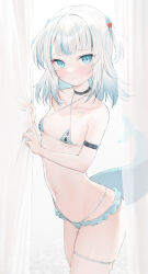 Rule 34 | 1girl, bare shoulders, bikini, blue eyes, blue hair, breasts, choker, commentary request, fins, fish tail, gawr gura, grey hair, hair ornament, highres, hololive, hololive english, looking at viewer, micro bikini, multicolored hair, navel, shark girl, shark hair ornament, shark tail, skindentation, small breasts, solo, streaked hair, swimsuit, tail, takumi11, two side up, virtual youtuber